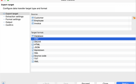Data transfer dialog choosing export format and destination